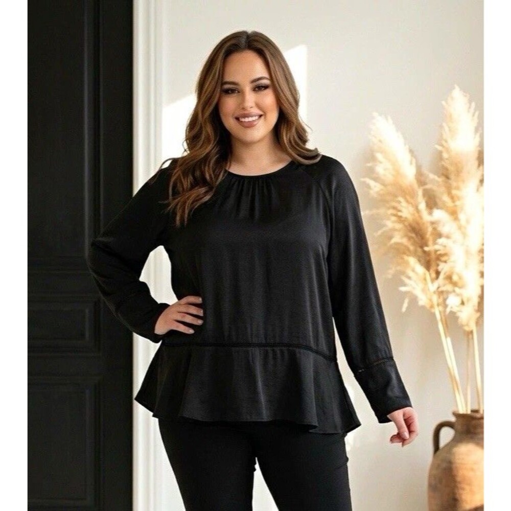Wzzio Black Solid Ruffle Round Neck Long Sleeve Woven Blouse 2XL